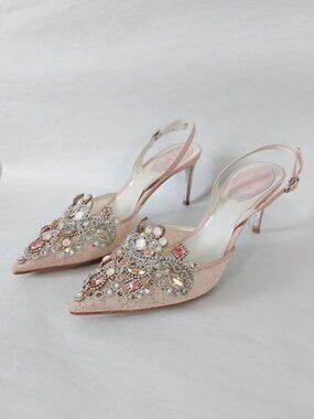Rene Caovilla Wedding Pointed-Toe Stiletto Heels Jeweled Slingback Sandals 38.5